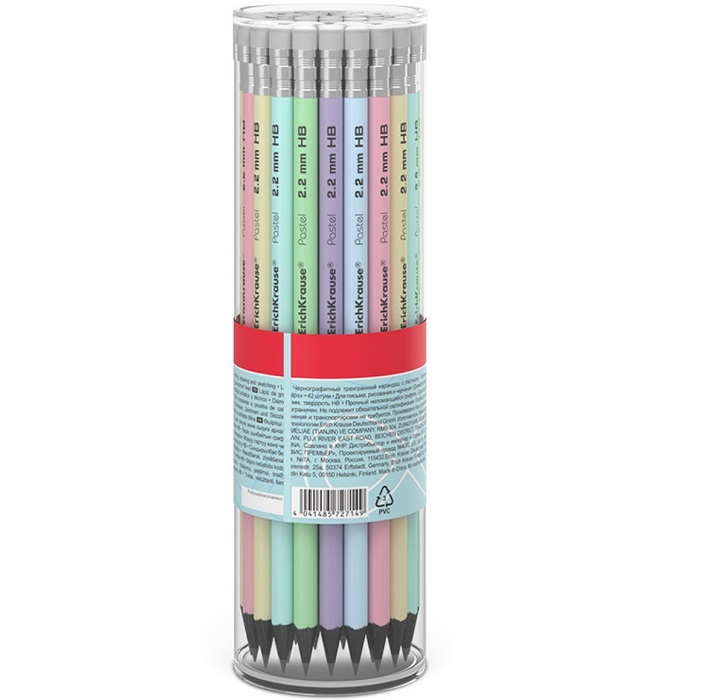 Карандаш чернографитный с ластиком ErichKrause Pastel, HB, круглый в тубусе, МИКС 9314489