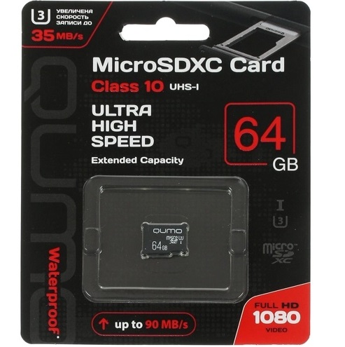 Micro SD 64Gb QUMO Class 10 UHS-I U3 черный adp
