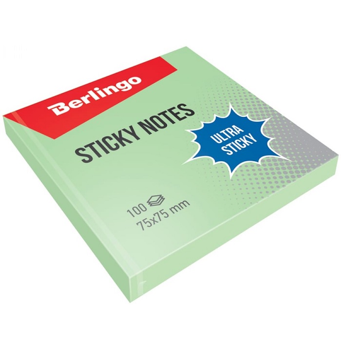 Самоклеящийся блок Berlingo "Ultra Sticky", 75*75мм, 100л, пастель, зеленый LSn_39206