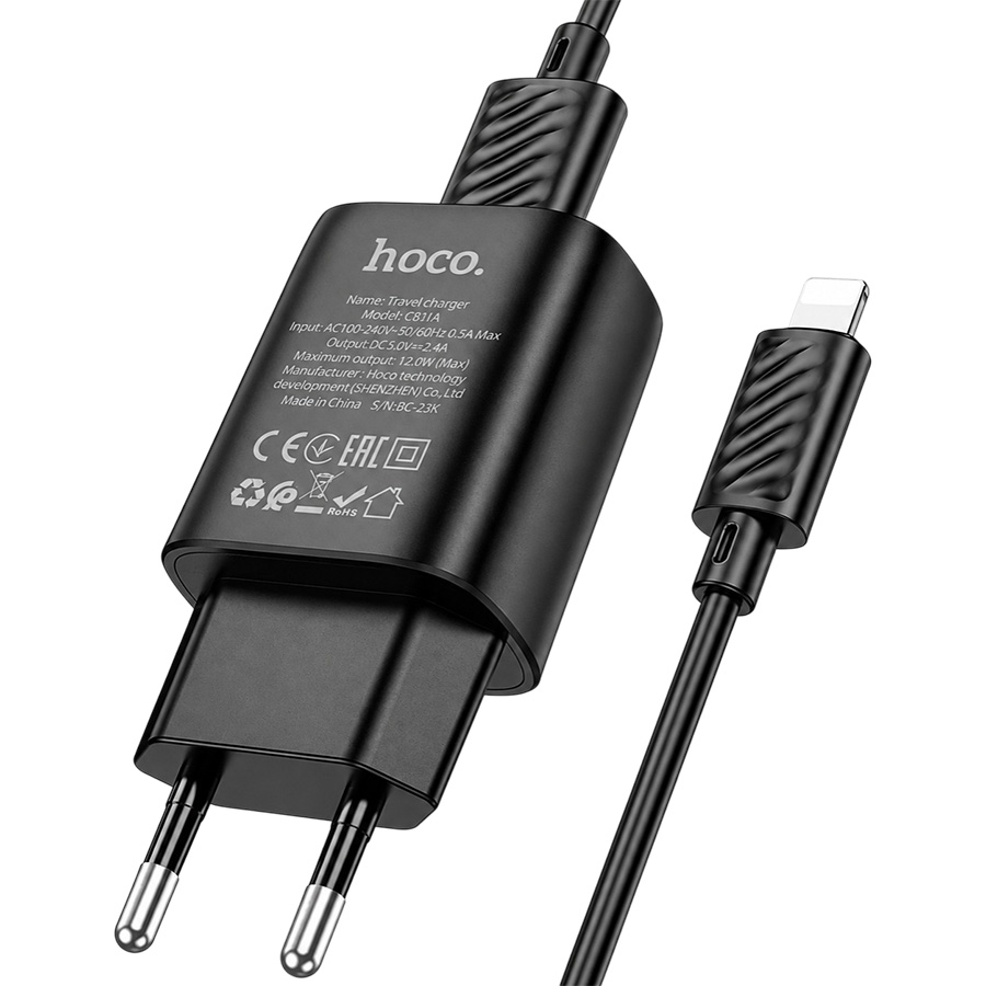 Сетевое ЗУ 1USB 2.4A HOCO C134A черное Lightning
