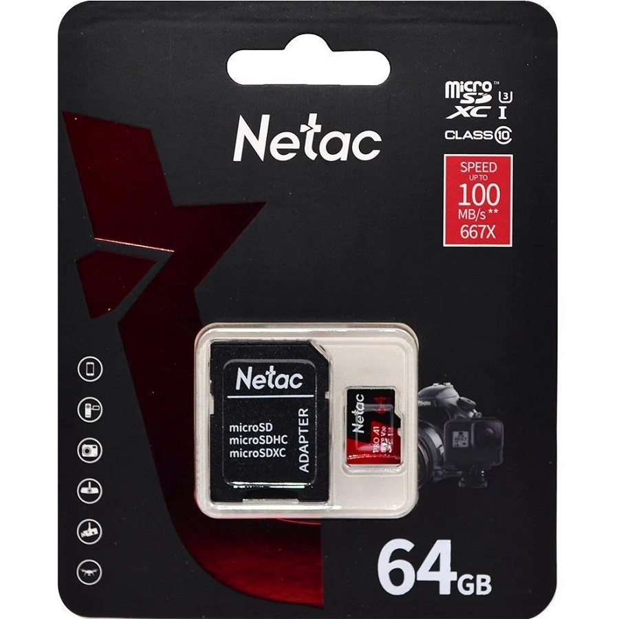 Micro SD 64GB Netac P500 Extreme Pro Class 10 UHS-I A1 V30 (100 Mb/s) + SD адаптер