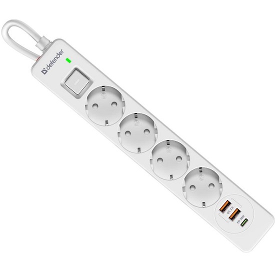 Сетевой фильтр  5.0м DEFENDER DFS 145, белый, 4розетки,USB+TypeC