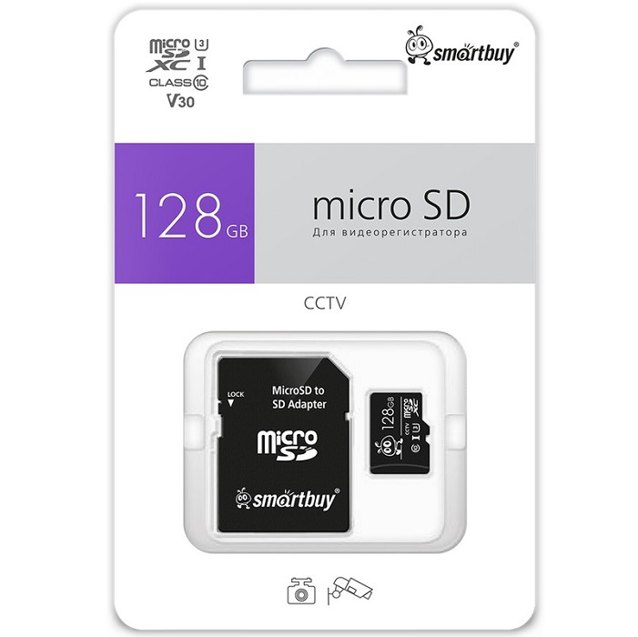 Micro SD 128Gb SMARTBUY Class 10/U3/V30 (с адаптером SD) для видеонаблюдения (SB128GBSDCCTV)