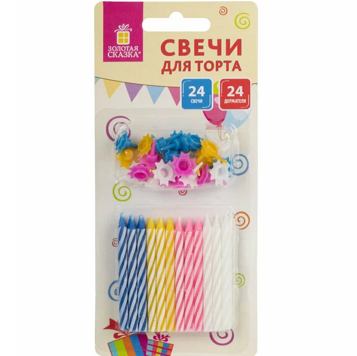 Набор свечей для торта 24 шт., 6 см, 24 держателя, ЗОЛОТАЯ СКАЗКА, в блистере, 591445