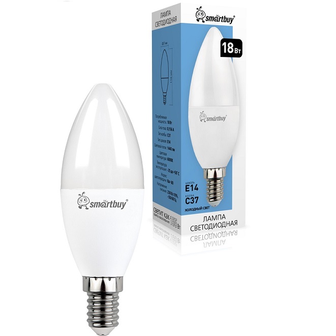 Лампа светодиодная SMARTBUY C37 18W/6000K/E14 (холодный свет) (SBL-C37-18-60K-E14) (10/100)