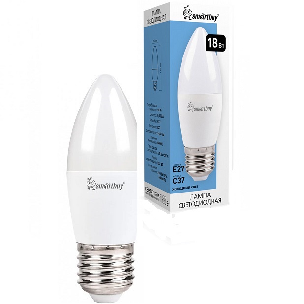 Лампа светодиодная SMARTBUY C37 18W/6000K/E27 (холодный свет) (SBL-C37-18-60K-E27) (10/100)