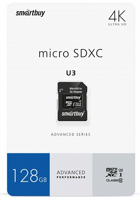 Micro SD 128Gb SMARTBUY Сlass 10 Advanced U3 V30 A1 (55/90 Mb/s) + адаптер SD