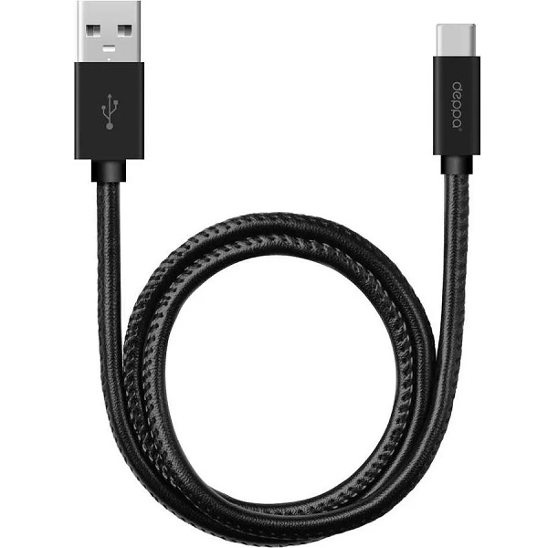 Кабель USB <--> Type-C  1.2м DEPPA Leather алюминий/экокожа, черный (72270)