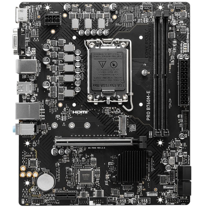 Материнская плата MSI PRO B760M-E, LGA 1700, Intel B760, 2xDDR5, 4xSATA, 1xM.2, 1xPCIe 4.0 x16, 1xPCIe 4.0 x1, 1xHDMI, 1xVGA, 1x1Gb LAN, 2xUSB-A 3.2 G