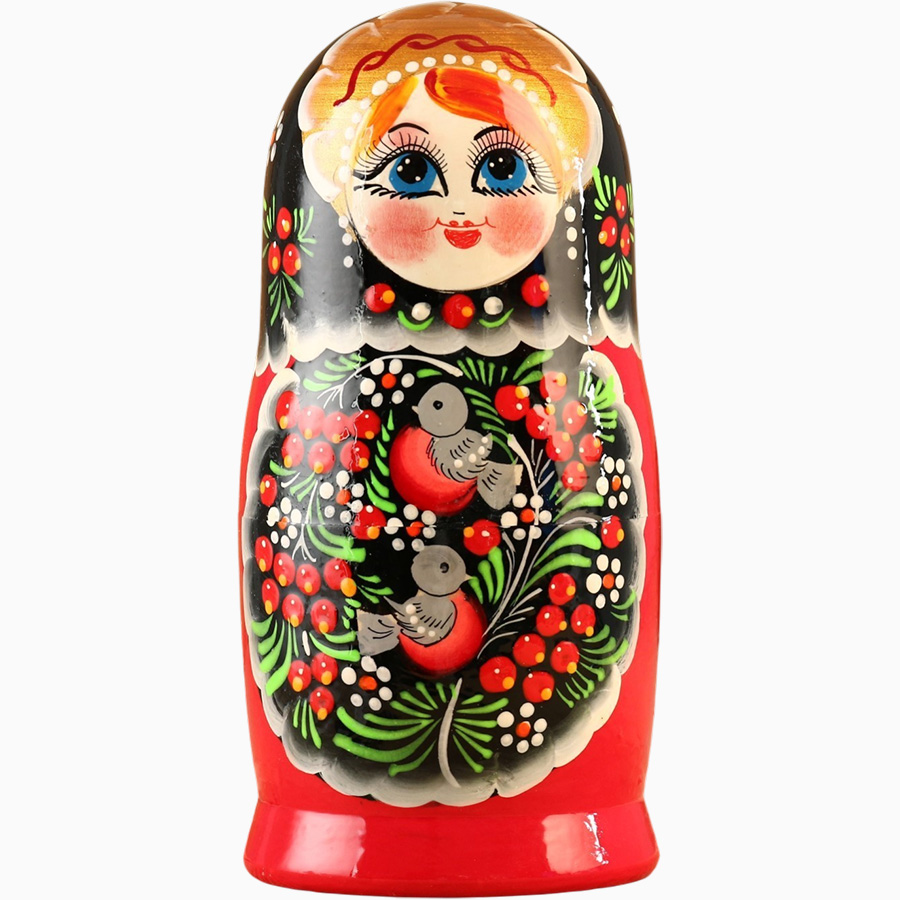 Матрёшка дерево «Снегири в рябине», чёрный платок, 5 кукольная, 15 -18 см 3693555