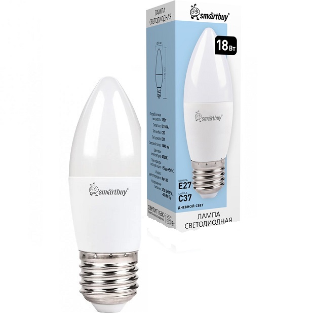Лампа светодиодная SMARTBUY C37 18W/4000K/E27 (нейтральный свет) (SBL-C37-18-40K-E27) (10/100)