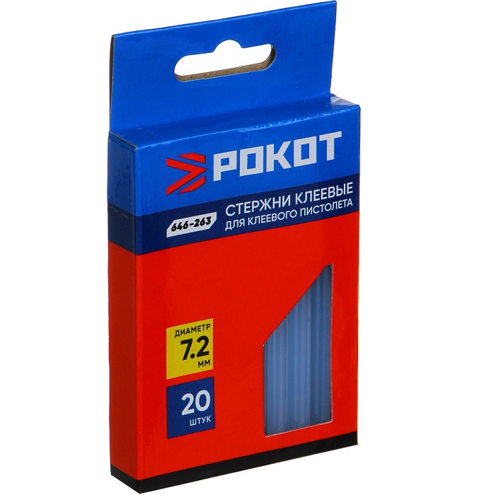 Клеевые стержни РОКОТ D= 7mm, L=100mm, цветной (упак. 20 шт.)