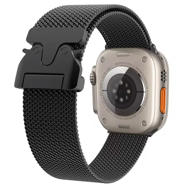 Металлический ремешок МОБИЛИС для Apple Watch 42/44/45/49mm черный, Миланская петля_new замок